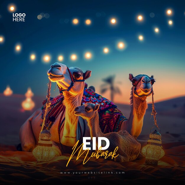 PSD eid al adha mubarak festival islámico camello plantilla de banner de publicaciones en las redes sociales