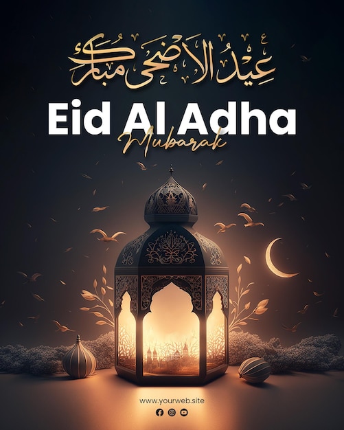 Eid al adha mubarak plakatvorlage mit laternenhintergrund