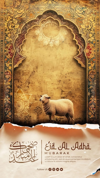 PSD eid al adha poster template with a background of happy sheep in front of the mosque and the moon