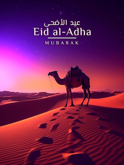 PSD eid al adha salutation avec chameau dans la belle nuit contexte