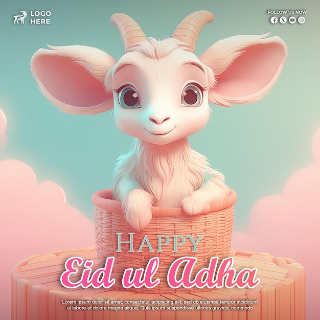 PSD eid al adha soical media template une mignonne petite chèvre assise dans un panier