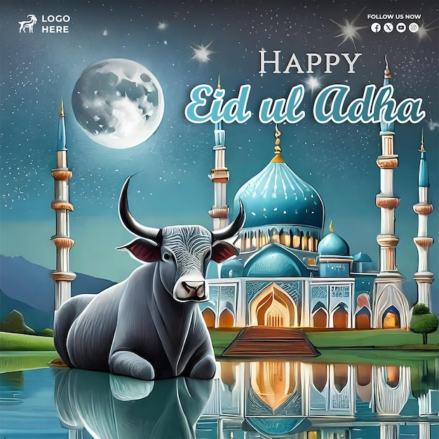 PSD eid al adha soical media template una vaca se sienta en el agua y una mezquita en el fondo