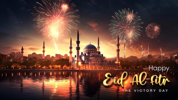 Eid Al Fitr avec une belle mosquée et des feux d'artifice dans le fond du ciel nocturne Eid Mubarak.