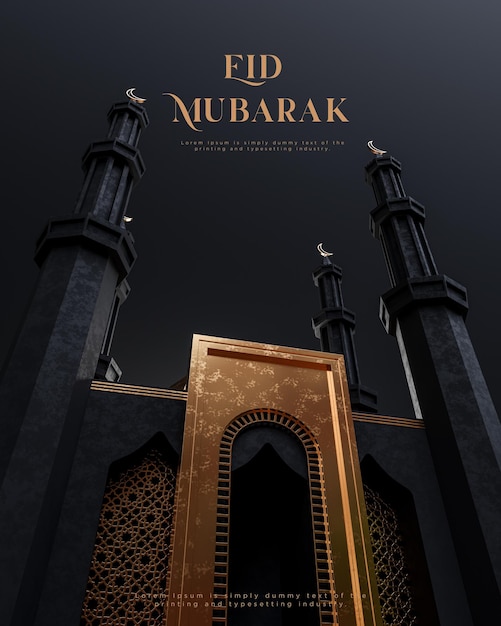 Eid al fitr eid mubarak mesquita negra decoração islâmica saudações fundo de ouro preto renderização 3d