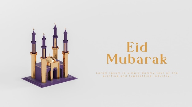 Eid al fitr eid mubarak mezquita púrpura moderna saludos fondo de banner de redes sociales render 3d