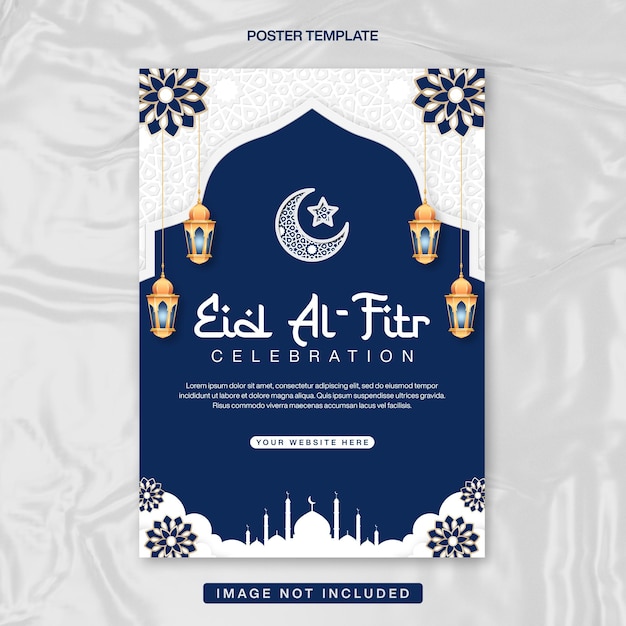 Eid Al-Fitr Feier Banner Poster Vorlage in Blau und Weiß mit islamischem Hintergrund