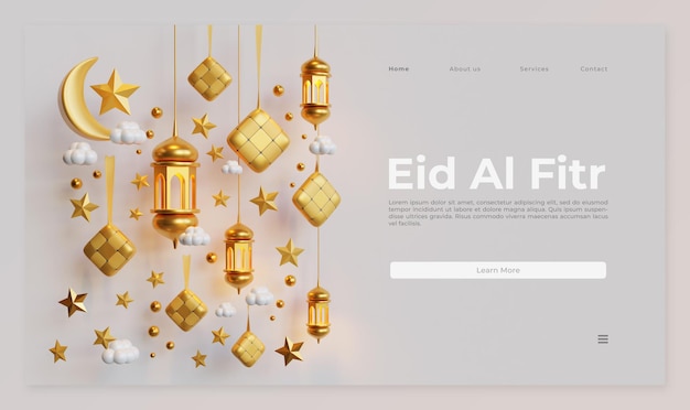 PSD eid al fitr landing page vorlage mit 3d-rendering von ketupat