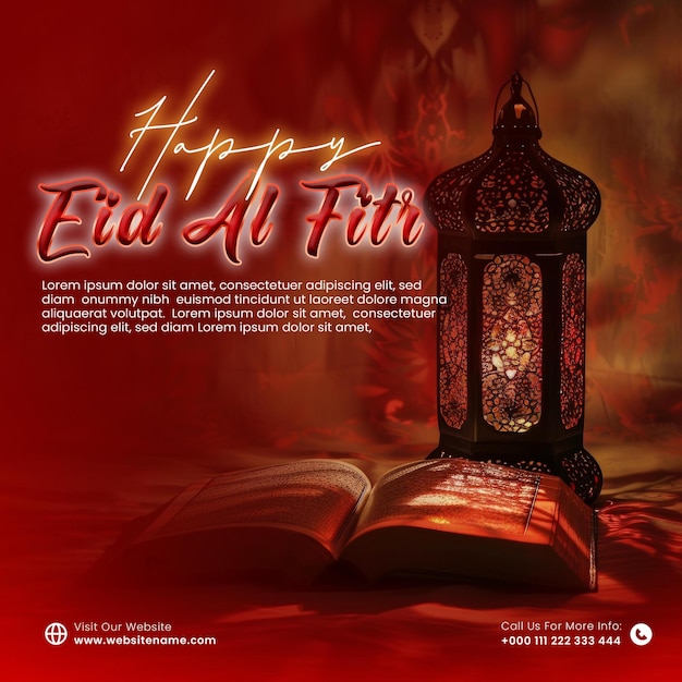 Eid al-Fitr mit Werbevorlage mit islamischer Lampe und einem roten Hintergrund des Buches