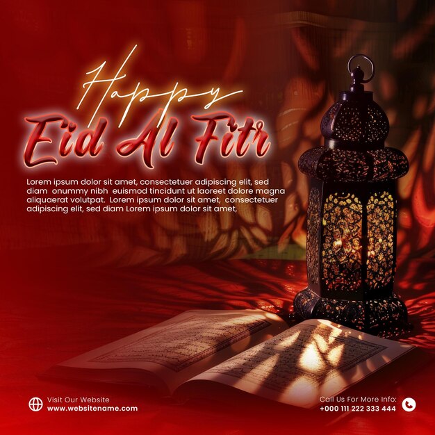 Eid al-Fitr avec un modèle de publicité avec une lampe islamique et un livre au fond rouge