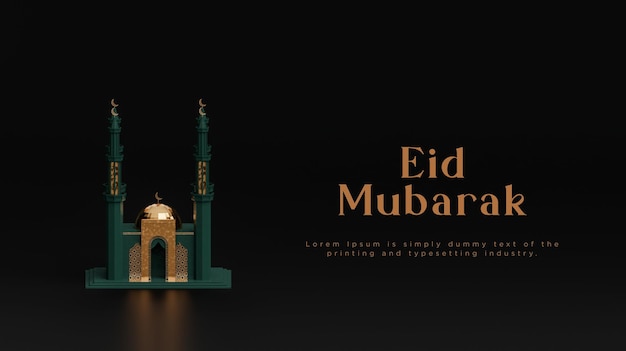 Eid al fitr moderne grüne moschee islamische grußfahne für social media schwarzer hintergrund 3d render