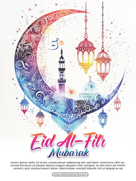 PSD eid al fitr mubarak colorida plantilla de diseño de saludo con lujosa media luna y linterna