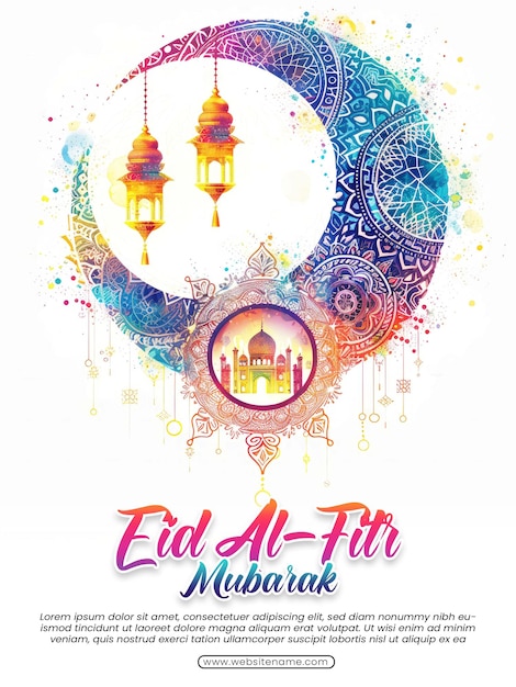 PSD eid al fitr mubarak modèle de conception de salut coloré avec croissant de lune et lanterne luxueux