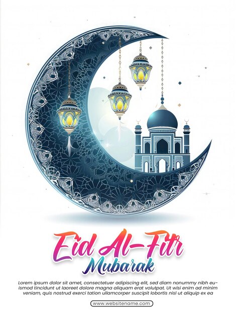 Eid al fitr mubarak plantilla de diseño de saludo con luna creciente de lujo y linterna