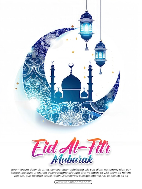 Eid al fitr Mubarak plantilla de diseño de saludo con luna creciente de lujo y linterna