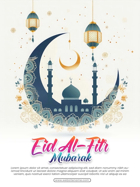 PSD eid al fitr mubarak plantilla de diseño de saludo con luna creciente de lujo y linterna