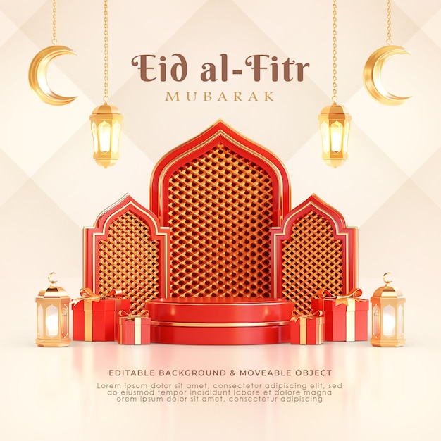 Eid al fitr mubarak plantilla de redes sociales 3d podio árabe islámico linterna luna creciente rojo