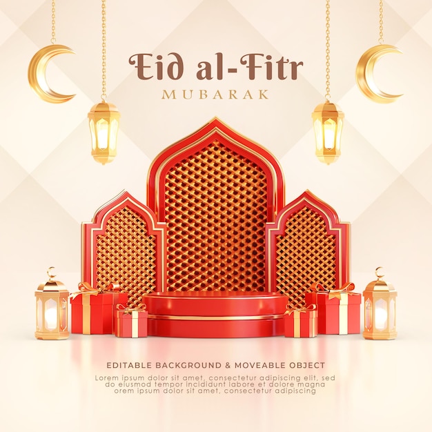 PSD eid al fitr mubarak plantilla de redes sociales 3d podio árabe islámico linterna luna creciente rojo