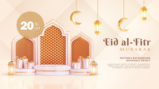 PSD eid al fitr mubarak salutation fond 3d podium islamique arabe lanterne croissant de lune blanc