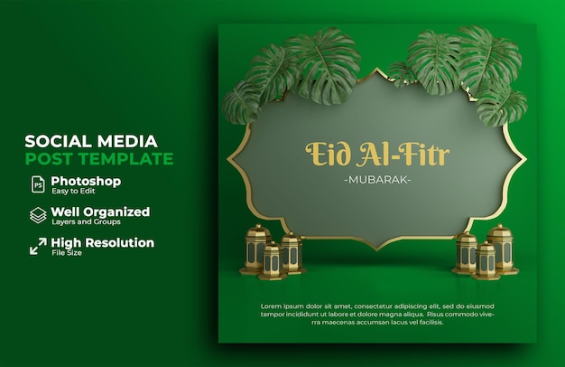 PSD eid al fitr tropisches verkaufsbanner mit islamischem ornament für social media post 3d-rendering