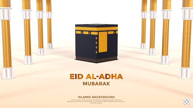 Eid aladha mubarak con ilustración 3d de la kaaba y los pilares de la mezquita