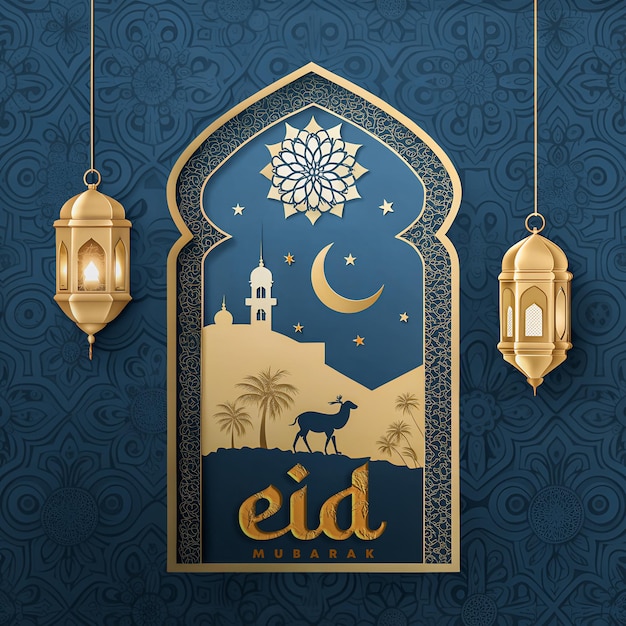 Eid AlAdha Mubarak Lanternes d'or et le croissant de lune