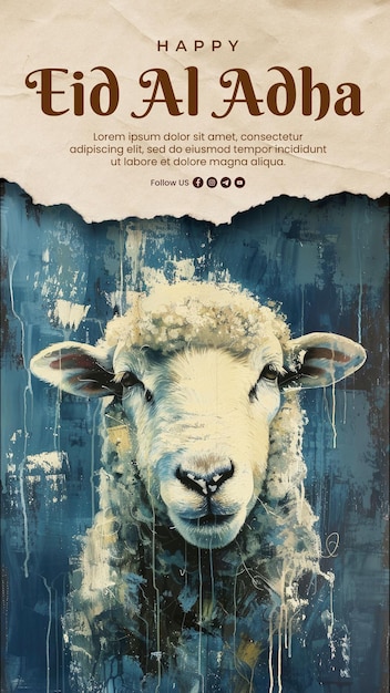 PSD eid aladha social media post with a portrait painting background of a calm happy sheep