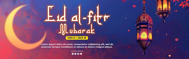 Eid fitr com um fundo de visão noturna com uma mesquita e lua crescente