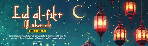 Eid Fitr con un fondo de vista nocturna con una mezquita y luna creciente