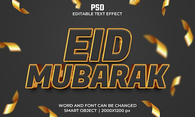 Eid mubarak 3d efecto de texto editable psd premium con fondo