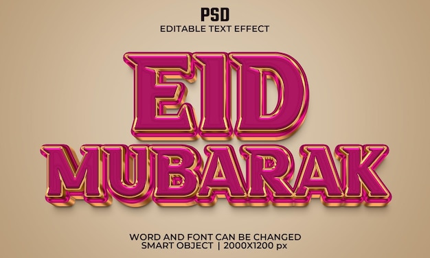 Eid mubarak 3d efeito de texto editável psd premium com plano de fundo