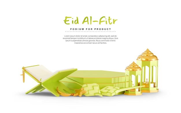 Eid mubarak 3d hintergrund mit podium und ketupat