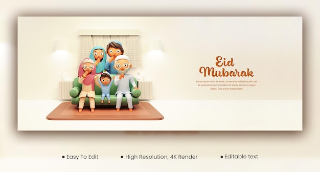 Eid mubarak celebration concept 3d-darstellung der islamischen familie, die zusammen auf dem sofa sitzt, in aadab-pose, social-media-banner oder header-design