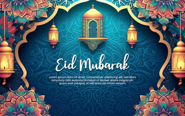 PSD eid mubarak colorido plantilla de saludo papel azul y colorido mandala con lámparas ramadam