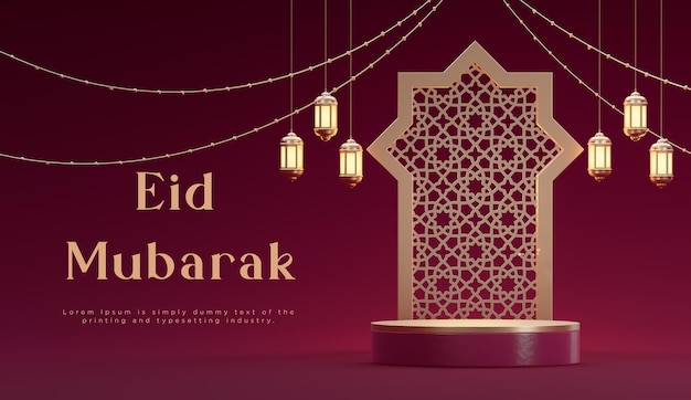 Eid mubarak decoraciones islámicas podio banner rojo oro fondo 3d render