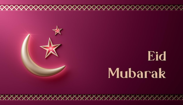 Eid Mubarak Décoration Réaliste Du Croissant De Lune Islamique Bannière En Or Rouge Rendu 3d