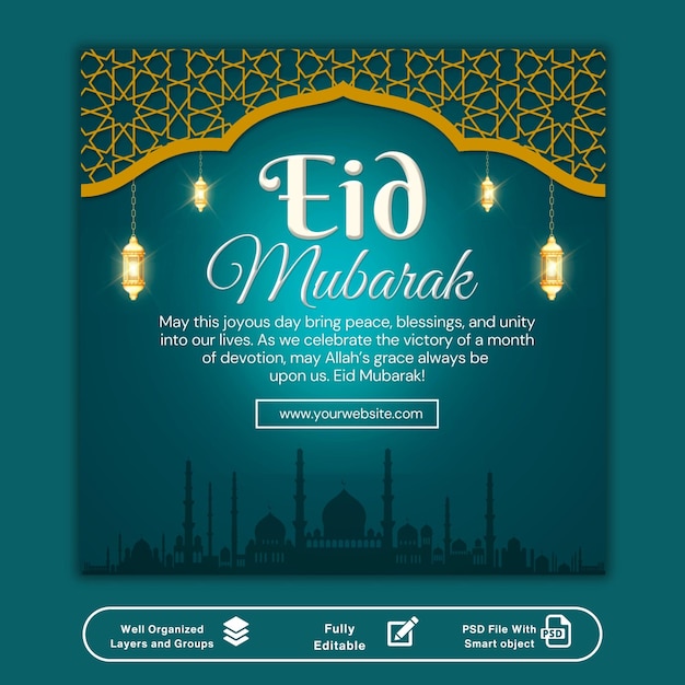 Eid Mubarak e eid ul fitr banner sui social media o modello di post di Instagram