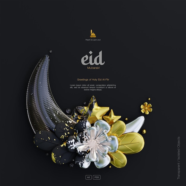 PSD eid mubarak-grußkartenhintergrund mit dekorativer niedlicher 3d-blumen-halbmond-ornamente dunkle szene