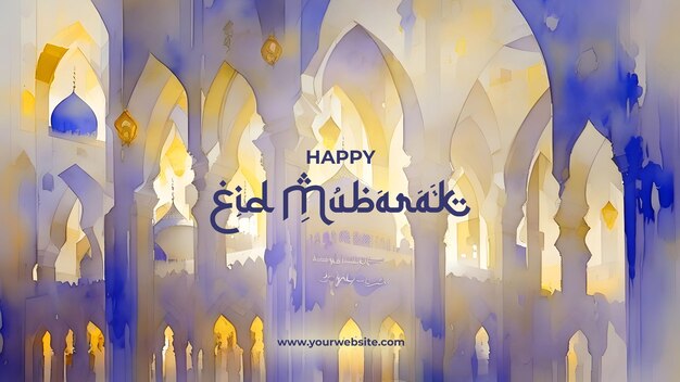 Eid mubarak illustration aquarelle exquise de la bannière islamique de la mosquée intérieure