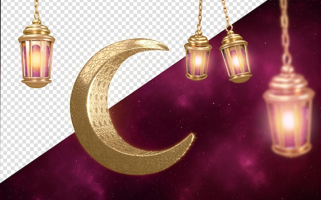 Eid Mubarak islamisches Design Eine beleuchtete Laterne und Halbmond