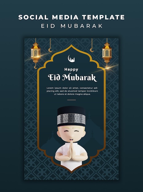 Eid mubarak mit 3d-charakter-social-media-vorlage