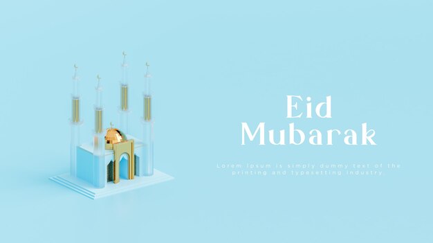 Eid mubarak moderna moschea oro blu saluti social media banner sfondo blu rendering 3d