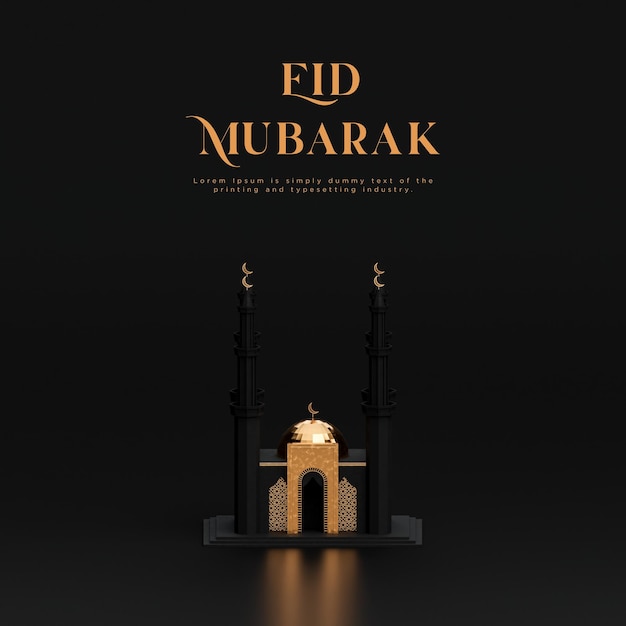 Eid Mubarak mosquée noire moderne salutations islamiques pour les médias sociaux fond d'or noir rendu 3d