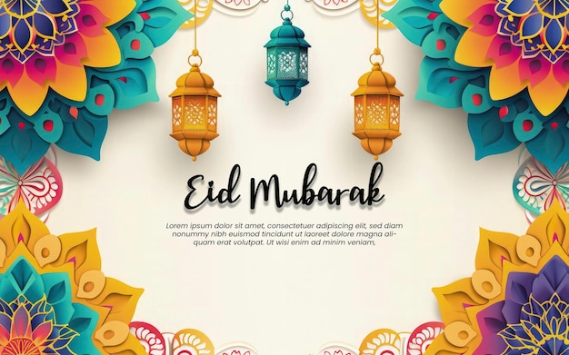 PSD eid mubarak plantilla de saludo colorido papel blanco y mandala colorido con linterna ramadam