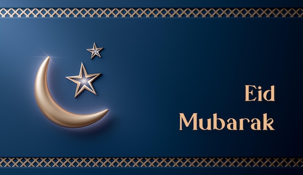 PSD eid mubarak realista islâmica lua crescente decoração bandeira de ouro marinha 3d render