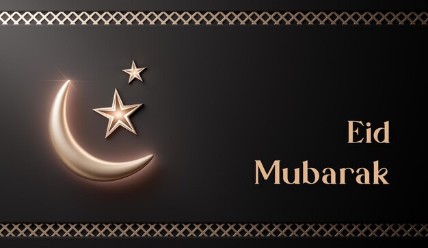 Eid mubarak realista lua crescente islâmica decoração bandeira de ouro preto 3d render