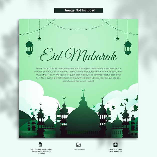 Eid mubarak tema verde mezquita y linterna diseño de postal de felicitación islámica de ramadán