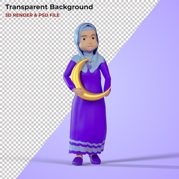 Eid Avec Personnage De Fille Musulmane 3d Tenant La Lune Psd Premium