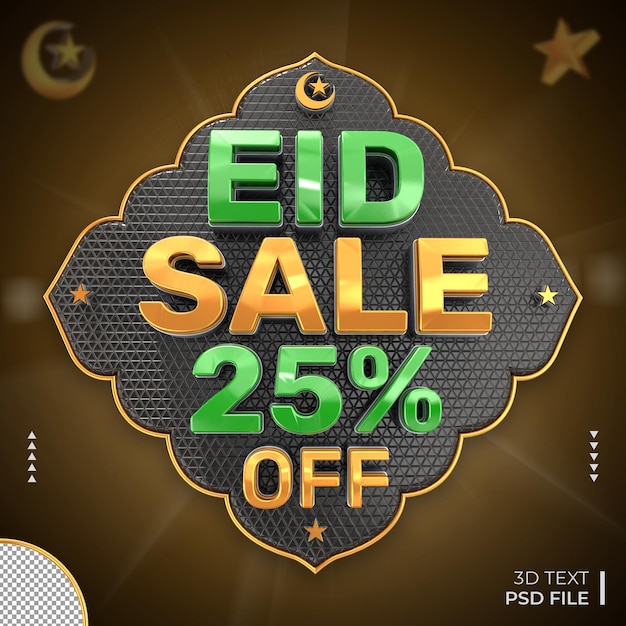 PSD eid sale texto 3d 25% de descuento oferta de promoción color verde y dorado