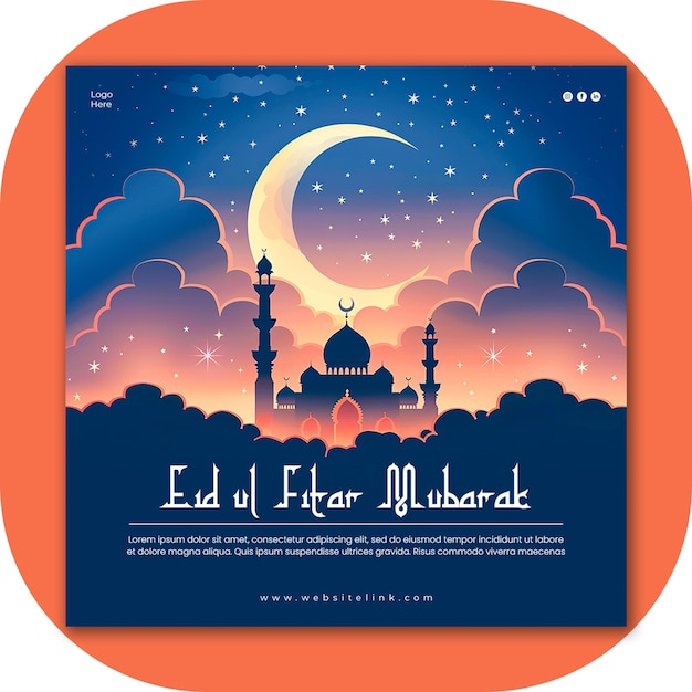 PSD eid ul fitar et eid mubarak post design avec la demi-lune et la mosquée