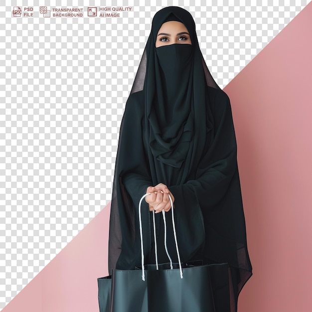 PSD eid-verkauf muslimische frau im hijab mit einkaufstasche isoliert auf durchsichtigem hintergrund